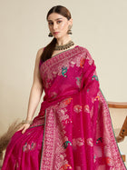 cotton saree with floral table print and foil border detailing