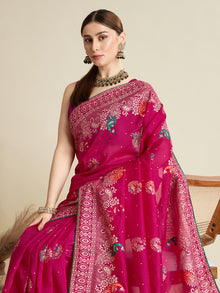 cotton saree with floral table print and foil border detailing