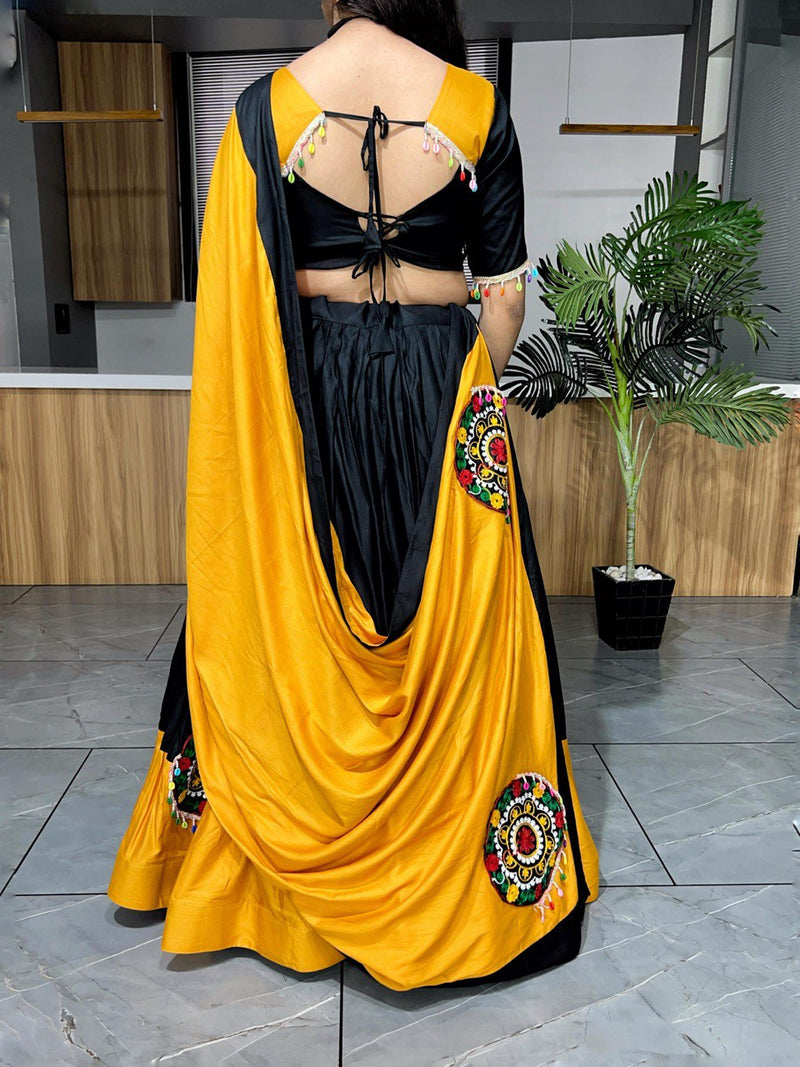 Elegant Black and Mustard Yellow Chaniya Choli with Traditional Mirror Work Embroidery