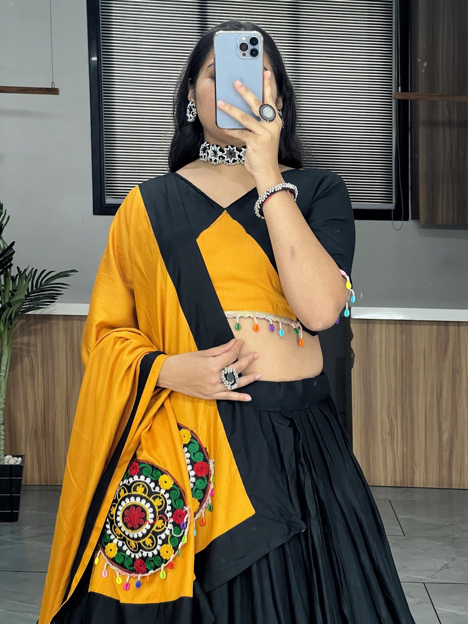 Elegant Black and Mustard Yellow Chaniya Choli with Traditional Mirror Work Embroidery