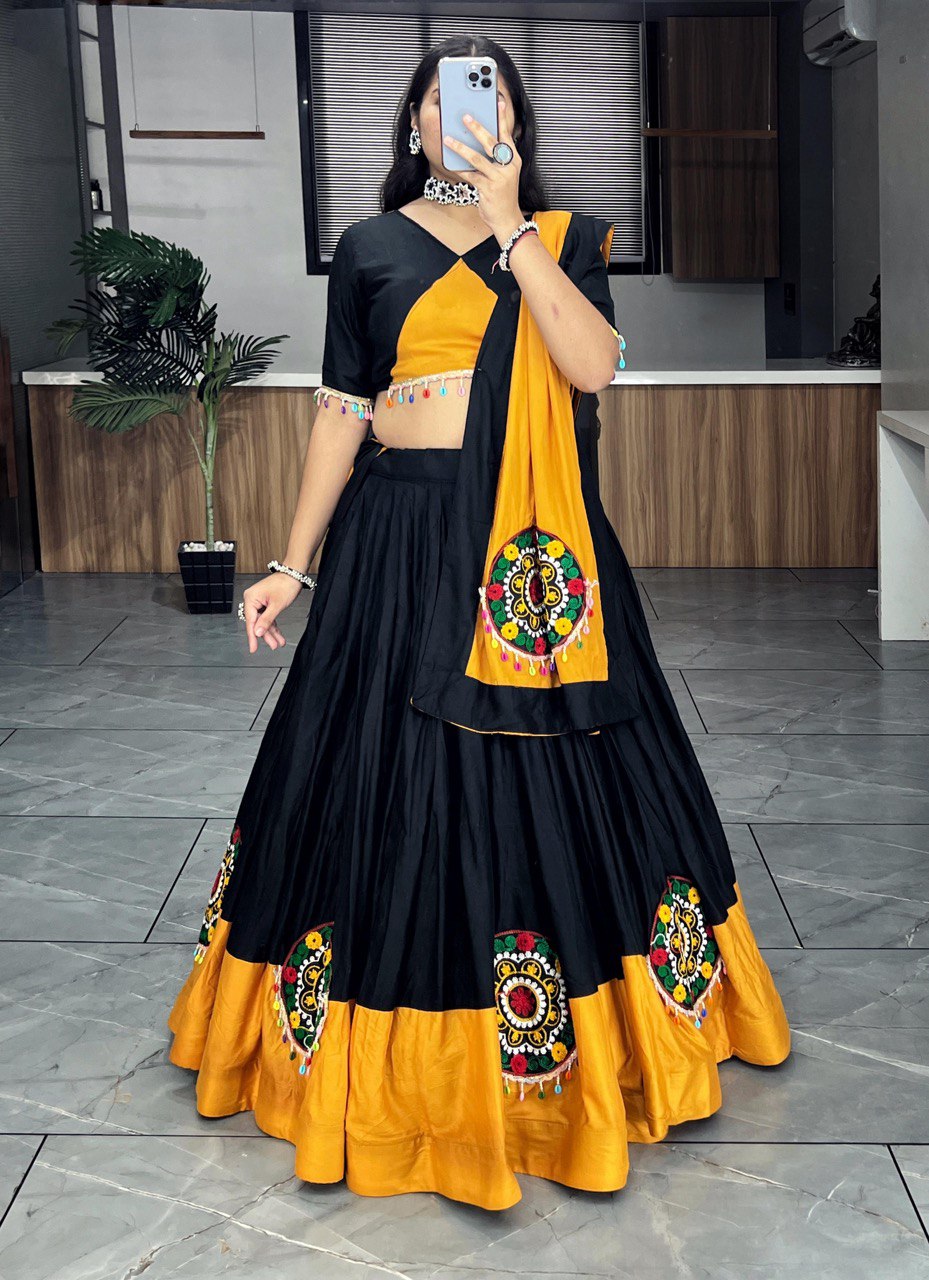 Elegant Black and Mustard Yellow Chaniya Choli with Traditional Mirror Work Embroidery