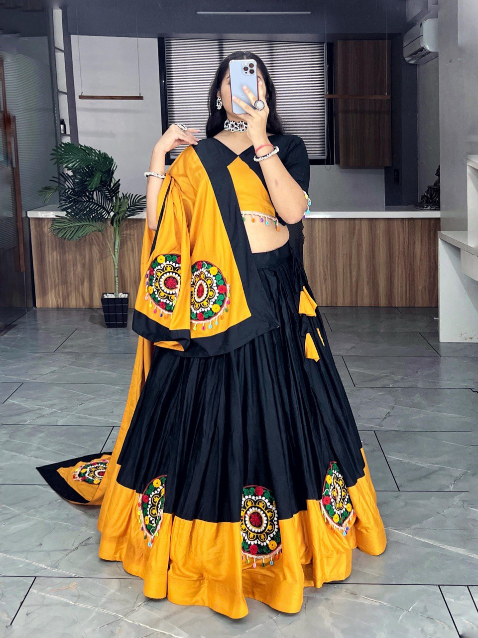 Elegant Black and Mustard Yellow Chaniya Choli with Traditional Mirror Work Embroidery