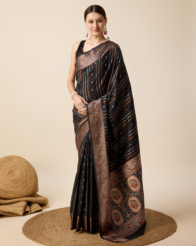 Black Jacquard Silk Saree with Sona Chandi Zari & Pure 3 Zari Floral Weaving