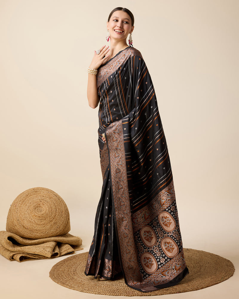 Black Jacquard Silk Saree with Sona Chandi Zari & Pure 3 Zari Floral Weaving