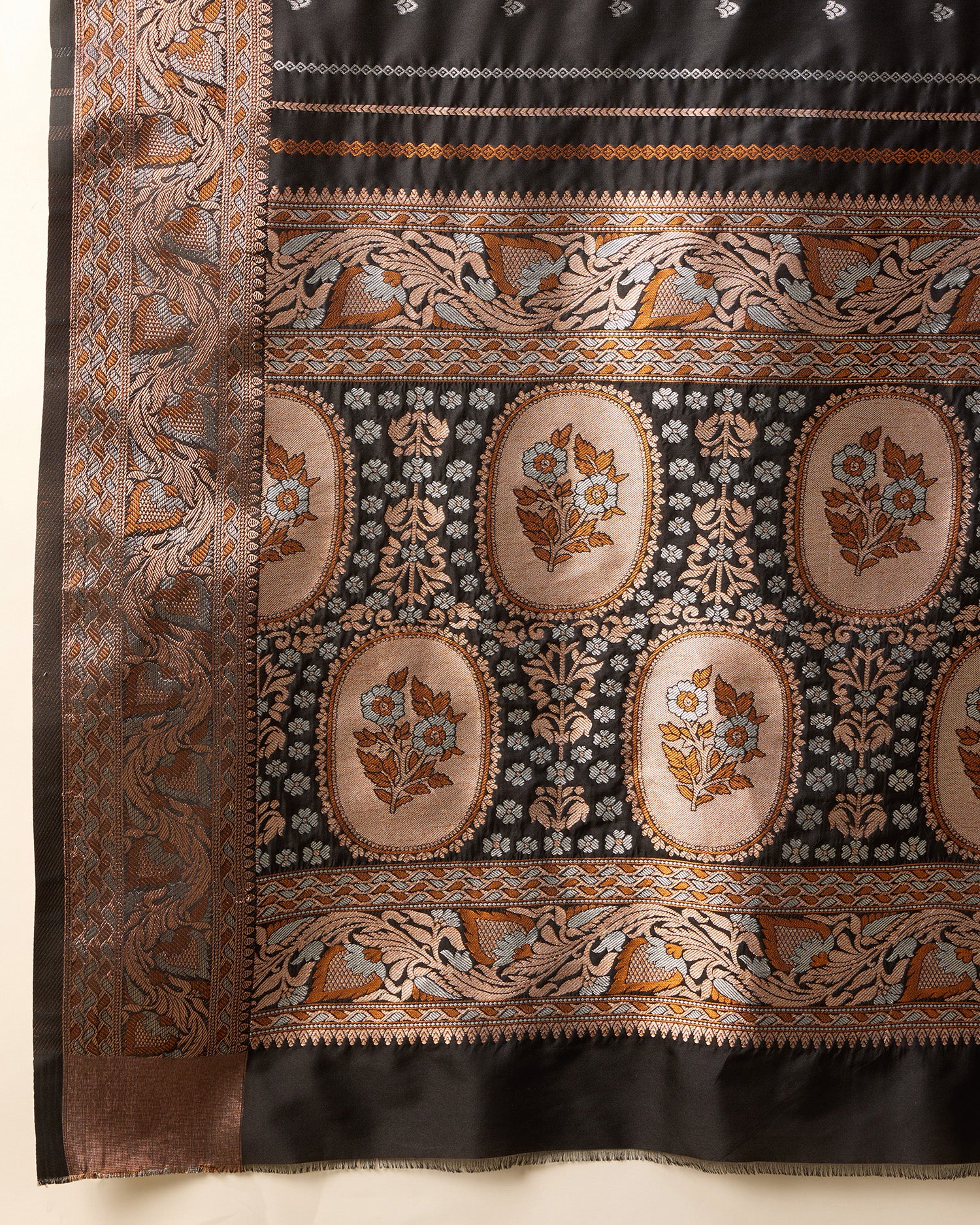 Black Jacquard Silk Saree with Sona Chandi Zari & Pure 3 Zari Floral Weaving