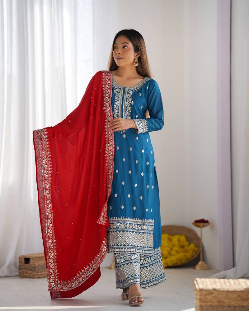 Elegant Blue Embroidered Suit with Red Dupatta for Festive and Wedding Wear
