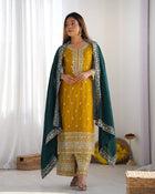 Mustard Yellow Embroidered Suit with Green Dupatta for Festive and Wedding Wear