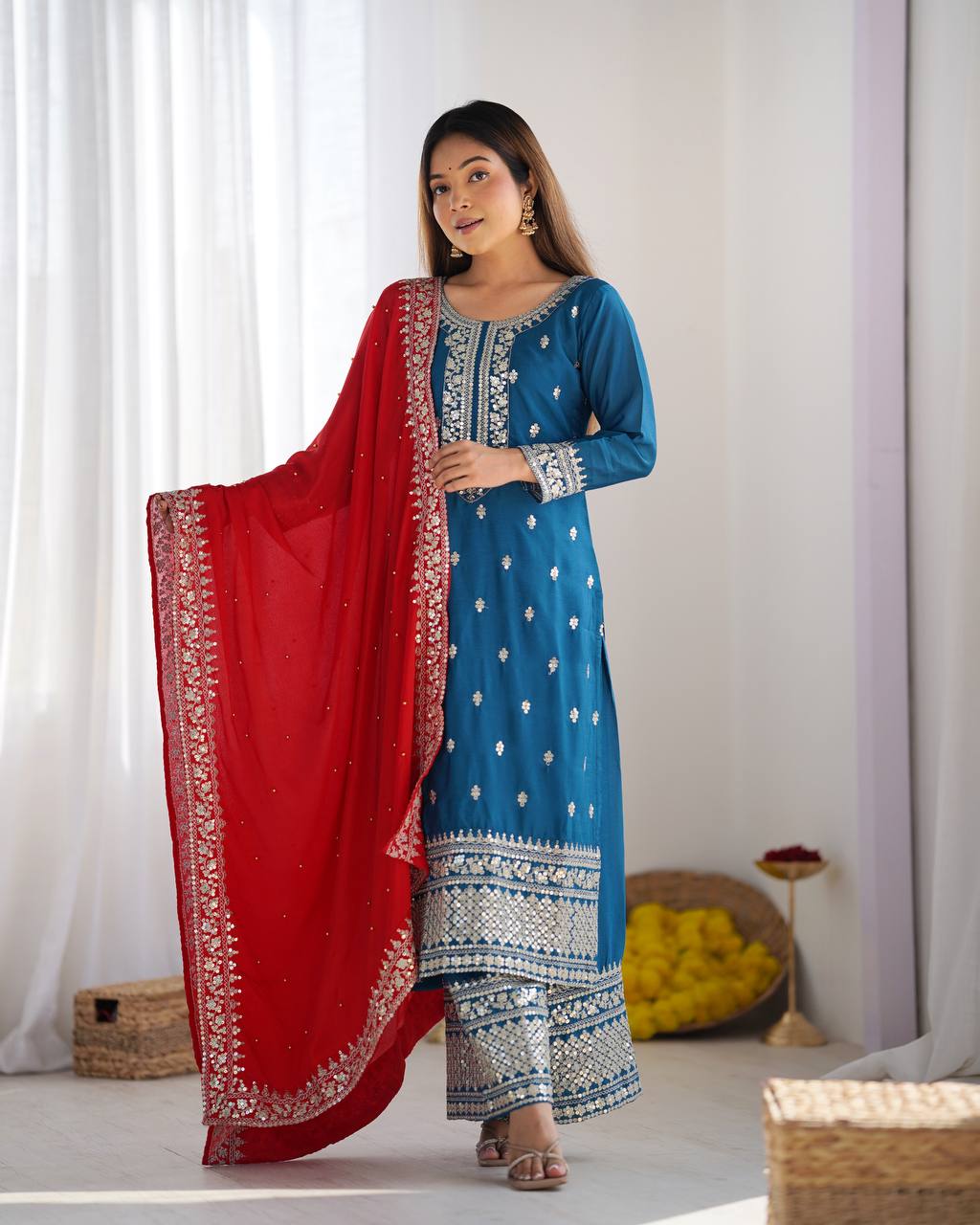 Elegant Blue Embroidered Suit with Red Dupatta for Festive and Wedding Wear