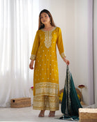 Mustard Yellow Embroidered Suit with Green Dupatta for Festive and Wedding Wear