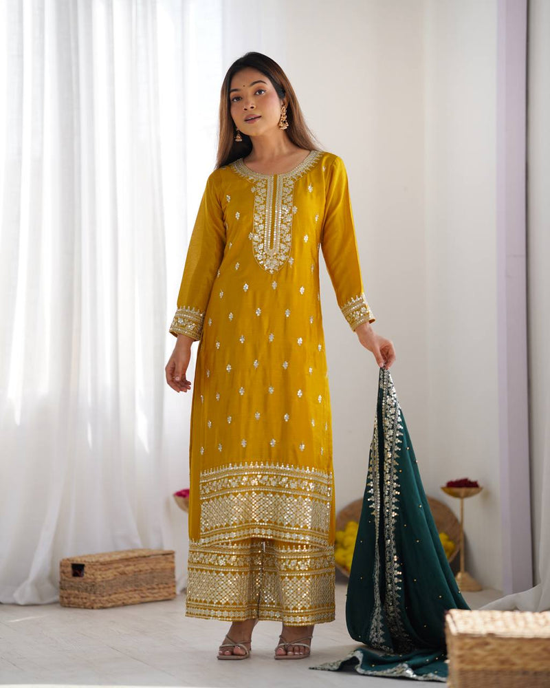 Mustard Yellow Embroidered Suit with Green Dupatta for Festive and Wedding Wear
