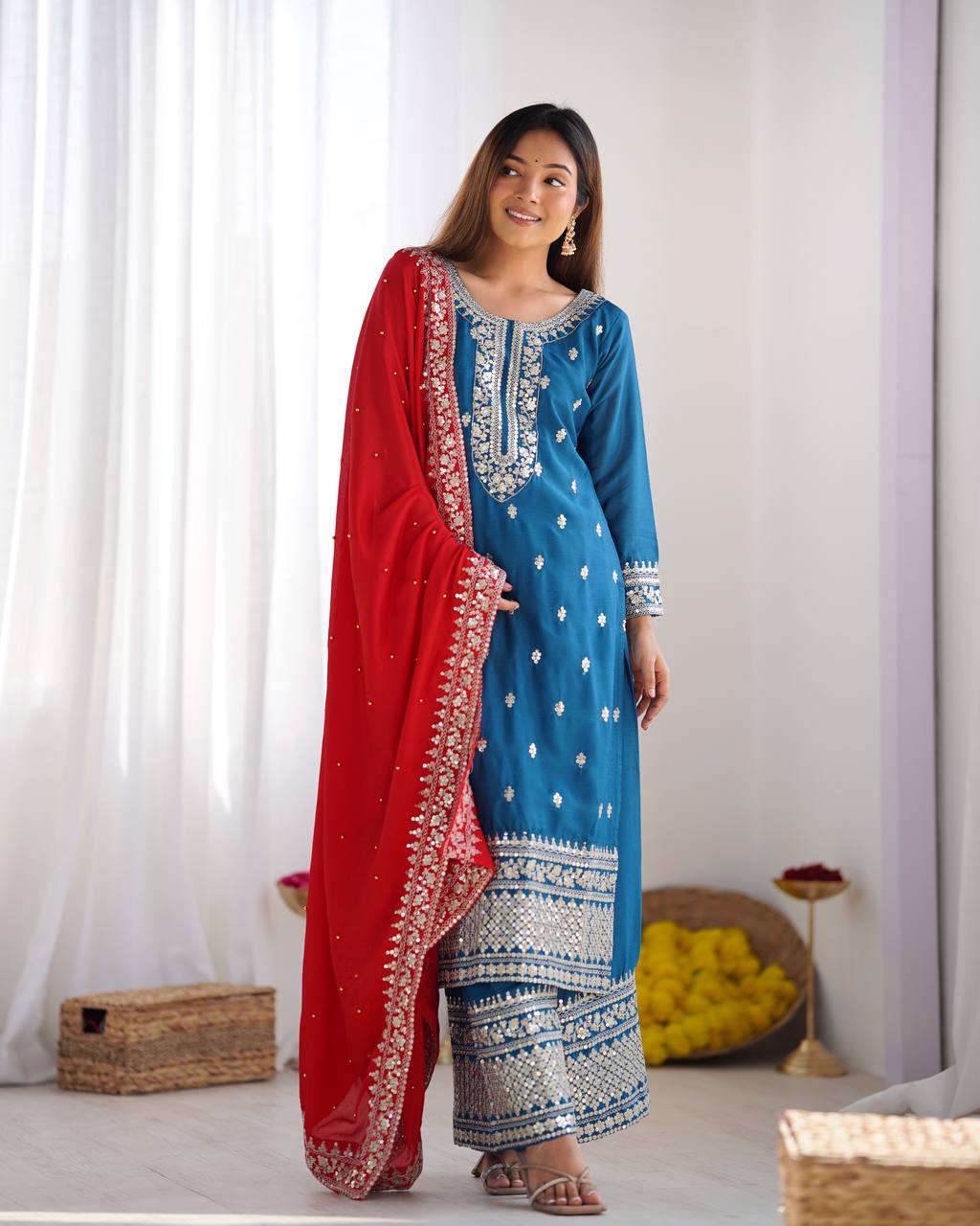 Elegant Blue Embroidered Suit with Red Dupatta for Festive and Wedding Wear