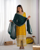 Mustard Yellow Embroidered Suit with Green Dupatta for Festive and Wedding Wear