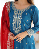 Elegant Blue Embroidered Suit with Red Dupatta for Festive and Wedding Wear