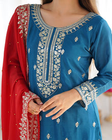 Elegant Blue Embroidered Suit with Red Dupatta for Festive and Wedding Wear