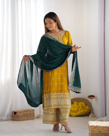 Mustard Yellow Embroidered Suit with Green Dupatta for Festive and Wedding Wear