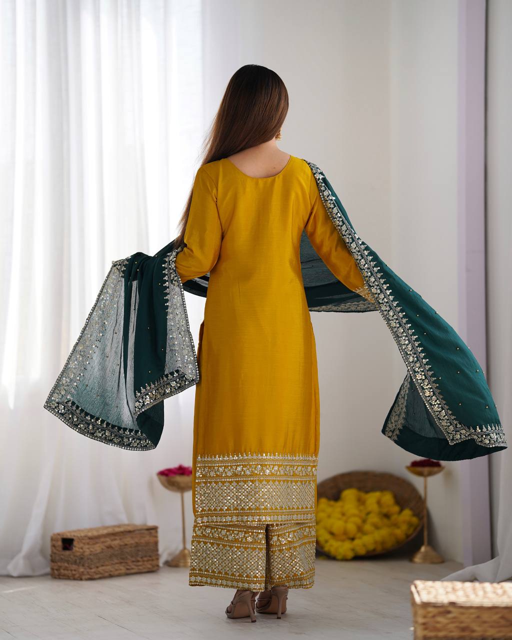 Mustard Yellow Embroidered Suit with Green Dupatta for Festive and Wedding Wear