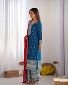 Elegant Blue Embroidered Suit with Red Dupatta for Festive and Wedding Wear
