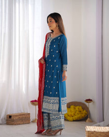 Elegant Blue Embroidered Suit with Red Dupatta for Festive and Wedding Wear