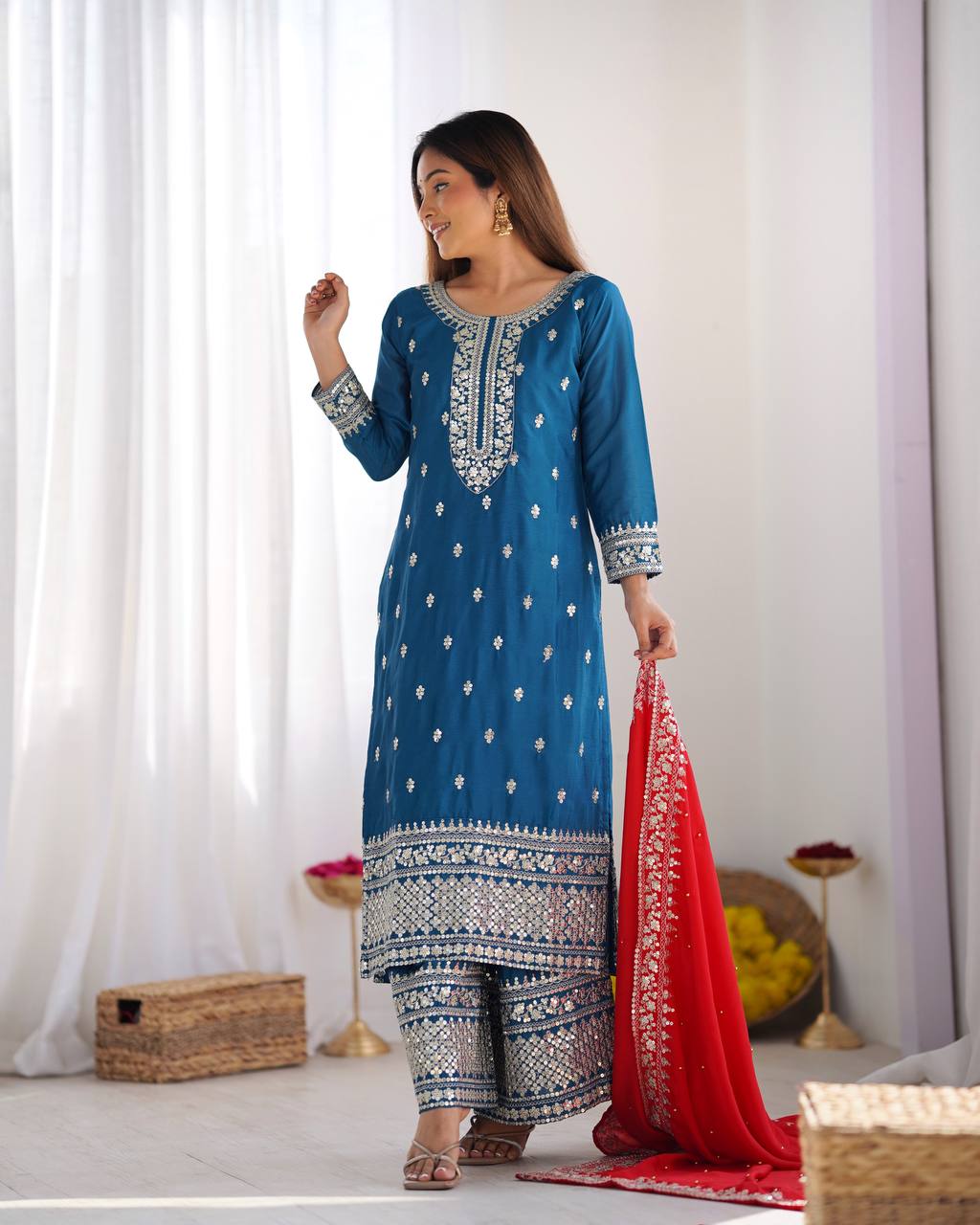 Elegant Blue Embroidered Suit with Red Dupatta for Festive and Wedding Wear