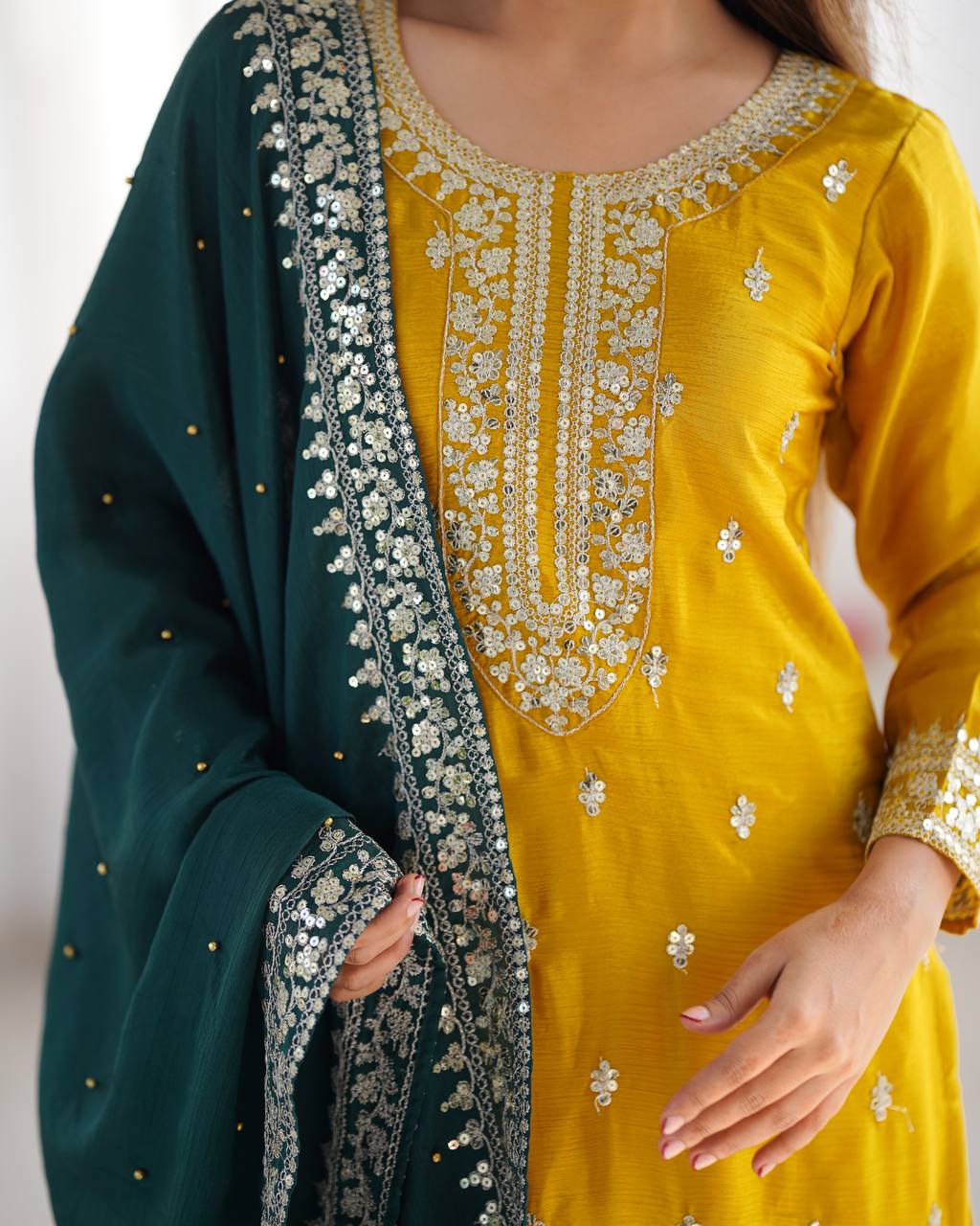 Mustard Yellow Embroidered Suit with Green Dupatta for Festive and Wedding Wear