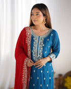Elegant Blue Embroidered Suit with Red Dupatta for Festive and Wedding Wear