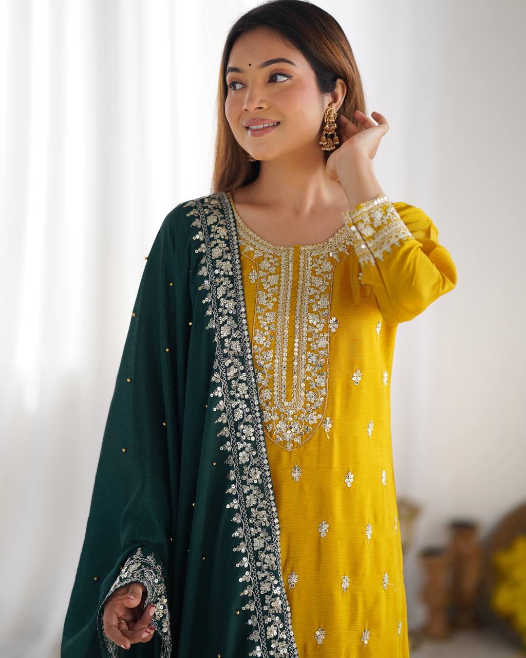 Mustard Yellow Embroidered Suit with Green Dupatta for Festive and Wedding Wear