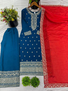Elegant Blue Embroidered Suit with Red Dupatta for Festive and Wedding Wear