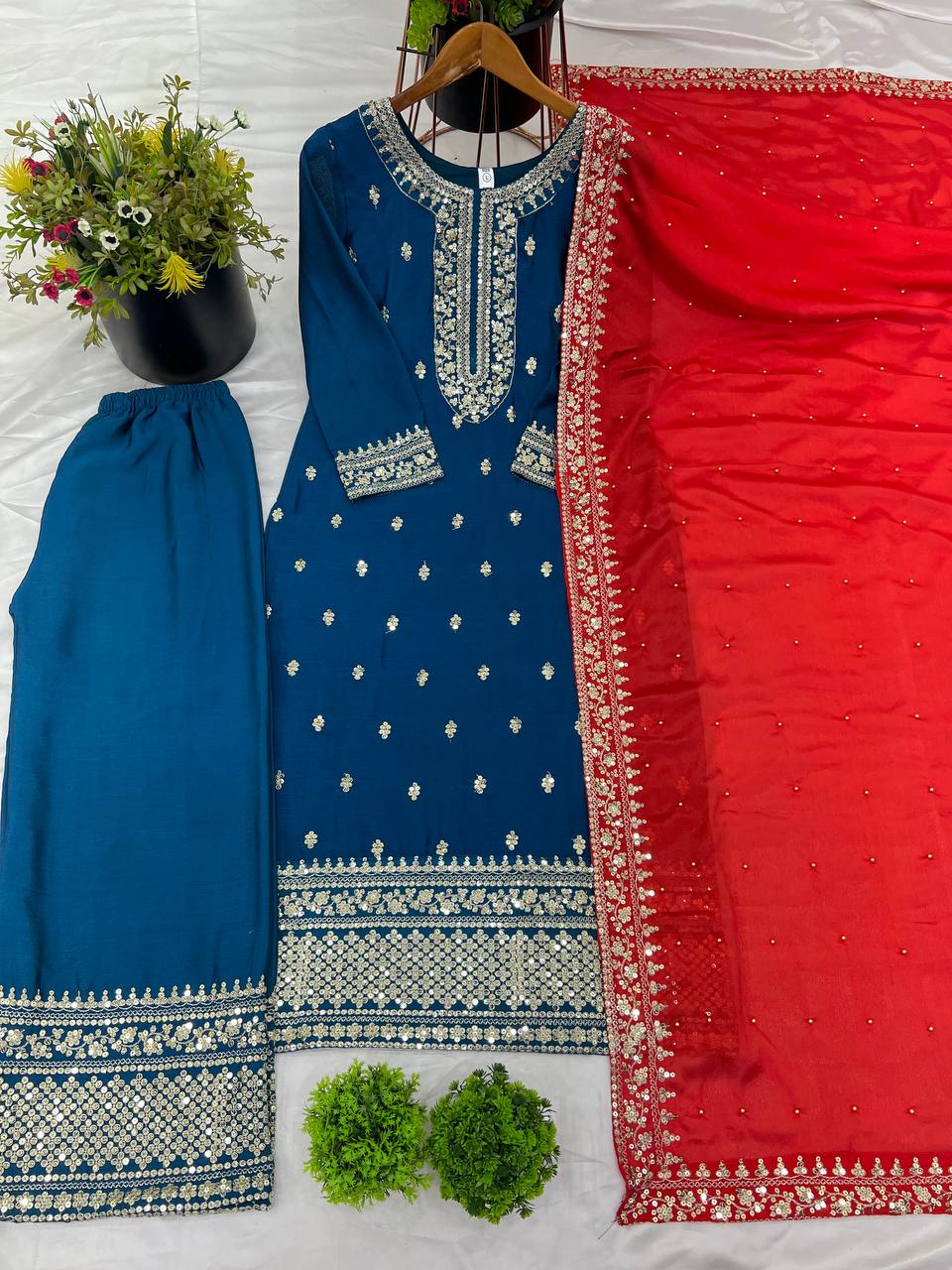 Elegant Blue Embroidered Suit with Red Dupatta for Festive and Wedding Wear