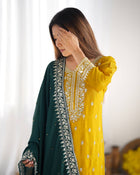 Mustard Yellow Embroidered Suit with Green Dupatta for Festive and Wedding Wear