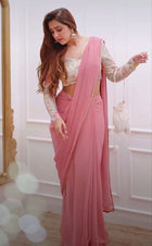 Elegant Dusty Pink Designer Saree with Embroidered Blouse Soft Georgette Partywear Saree