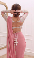 Elegant Dusty Pink Designer Saree with Embroidered Blouse Soft Georgette Partywear Saree