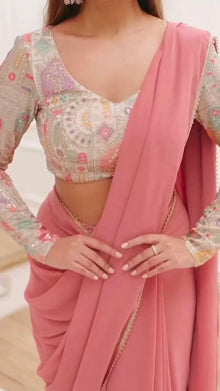 Elegant Dusty Pink Designer Saree with Embroidered Blouse Soft Georgette Partywear Saree