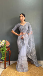 Elegant Grey Net Embroidered Saree with Sequin Wor