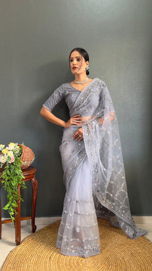 Elegant Grey Net Embroidered Saree with Sequin Wor