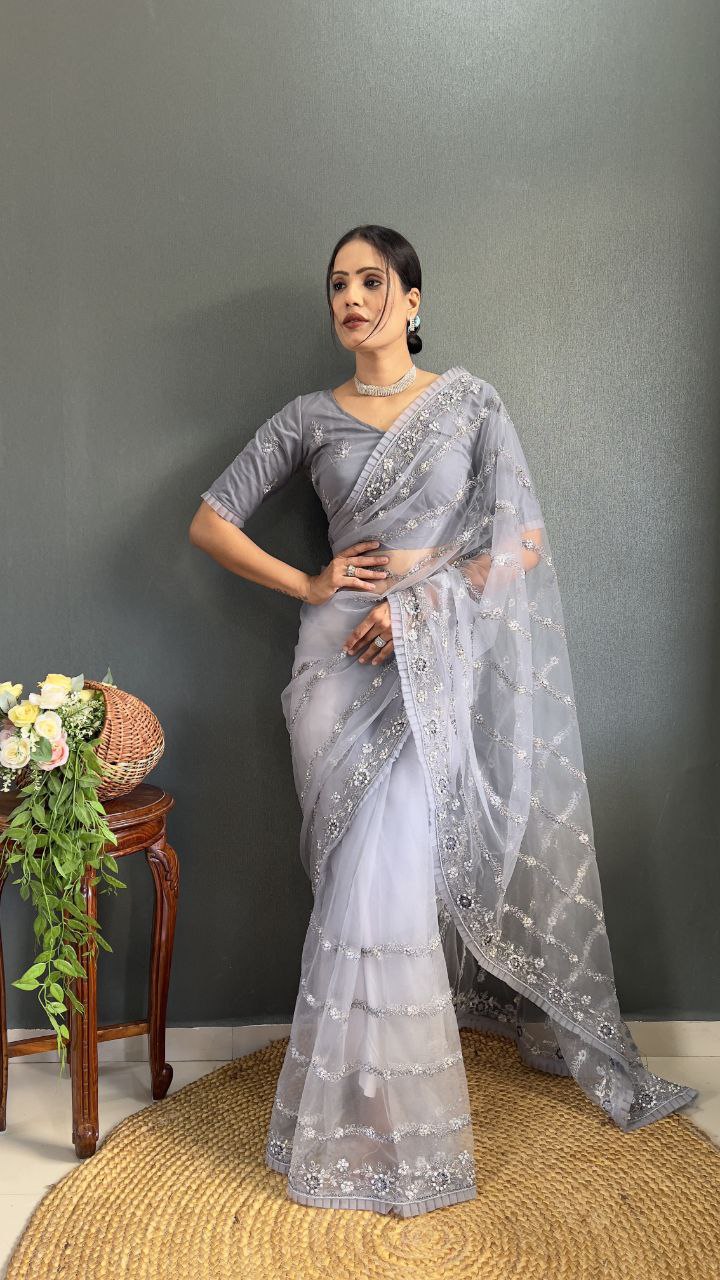 Elegant Grey Net Embroidered Saree with Sequin Wor