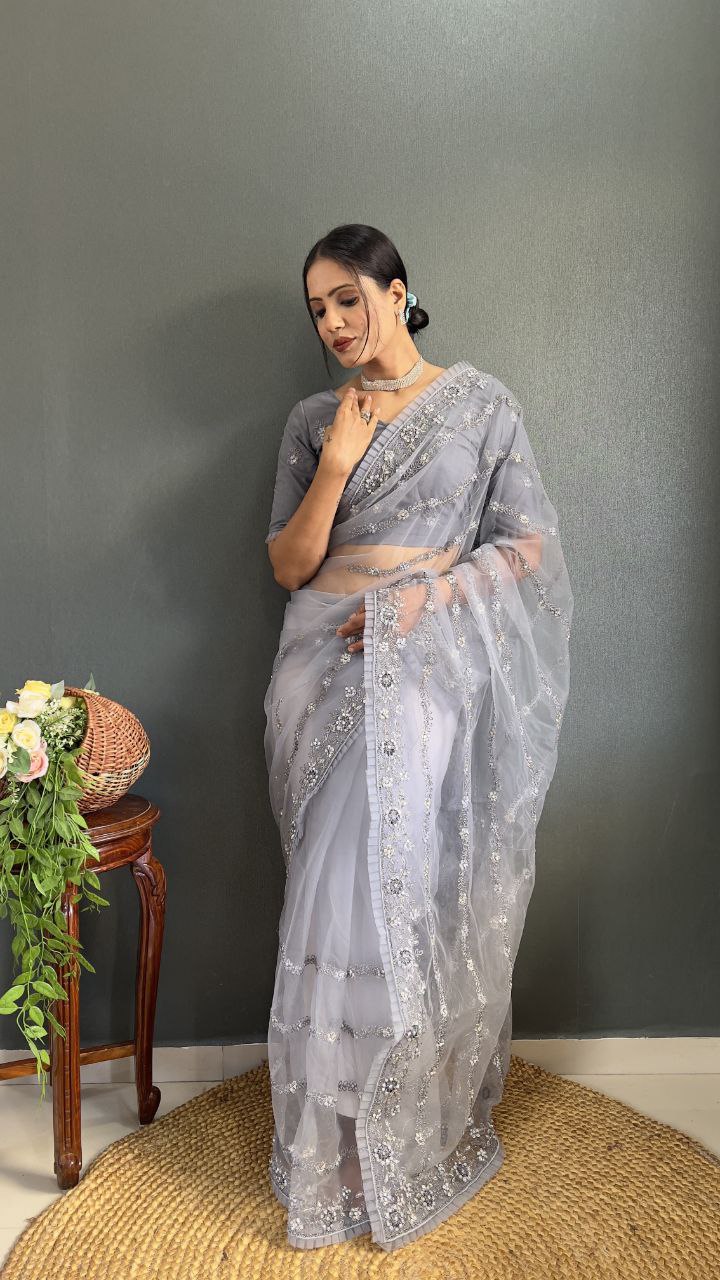 Elegant Grey Net Embroidered Saree with Sequin Wor