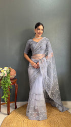 Elegant Grey Net Embroidered Saree with Sequin Wor