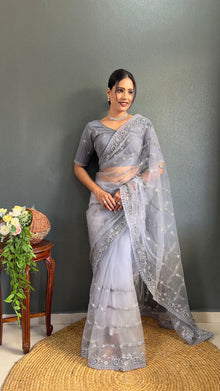 Elegant Grey Net Embroidered Saree with Sequin Wor