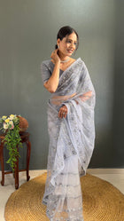 Elegant Grey Net Embroidered Saree with Sequin Wor