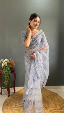 Elegant Grey Net Embroidered Saree with Sequin Wor