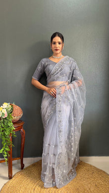 Elegant Grey Net Embroidered Saree with Sequin Wor