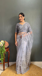 Elegant Grey Net Embroidered Saree with Sequin Wor