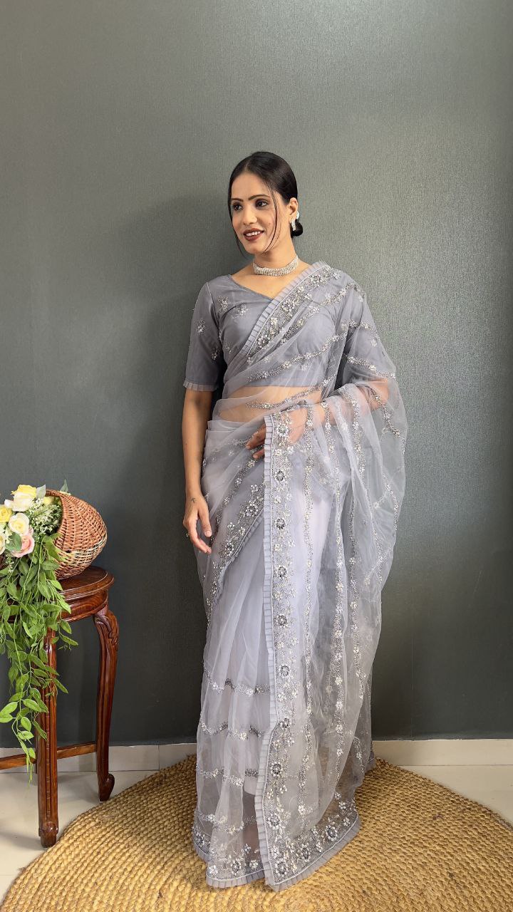 Elegant Grey Net Embroidered Saree with Sequin Wor