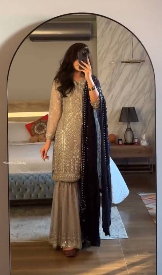 Elegant Grey Sharara Suit with Black Dupatta Eid and Party Wear Outfit