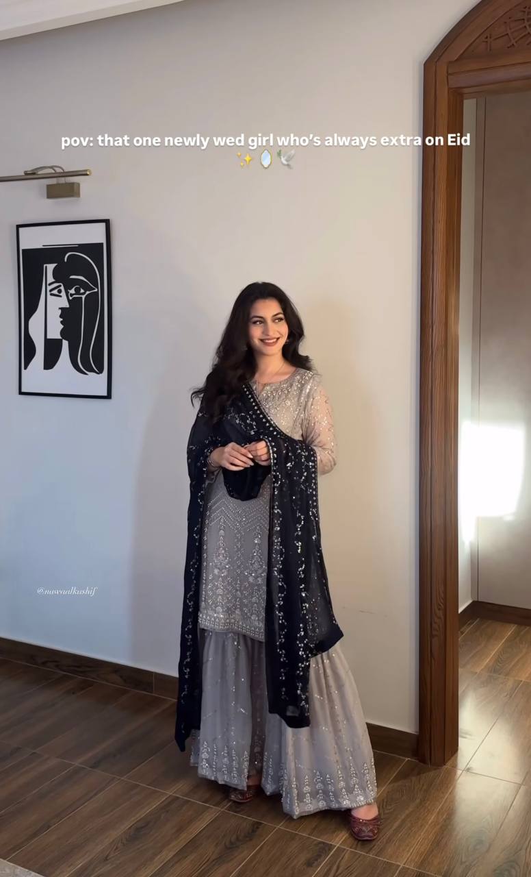 Elegant Grey Sharara Suit with Black Dupatta Eid and Party Wear Outfit