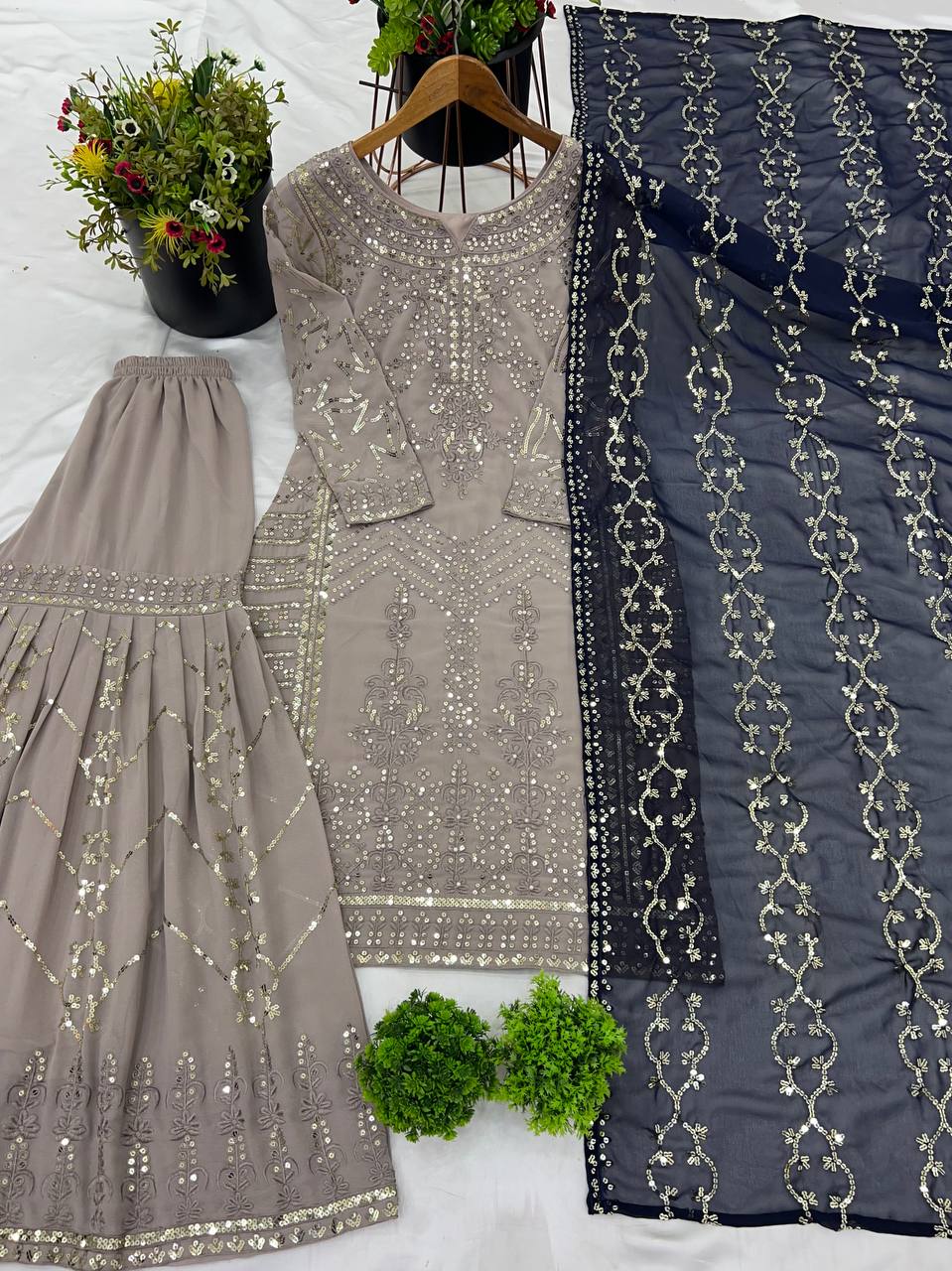 Elegant Grey Sharara Suit with Black Dupatta Eid and Party Wear Outfit