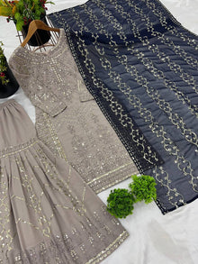 Elegant Grey Sharara Suit with Black Dupatta Eid and Party Wear Outfit