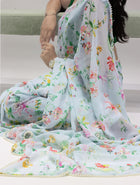 Elegant Light Blue Floral Print Organza Saree with Pearl Border Casual & Festive Daywear