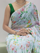 Elegant Light Blue Floral Print Organza Saree with Pearl Border Casual & Festive Daywear