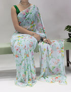 Elegant Light Blue Floral Print Organza Saree with Pearl Border Casual & Festive Daywear